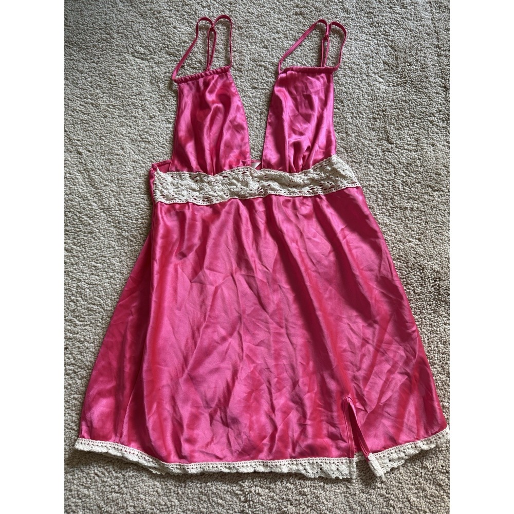 Vintage Victoria's Secret Pink Satin Slip Dress Macrame Trim Size Small